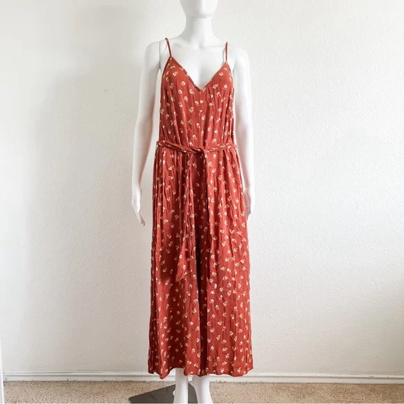 Billabong Size Large Shake It Again Orange Floral Wide Leg Belted Jumpsuit - Picture 2 of 13